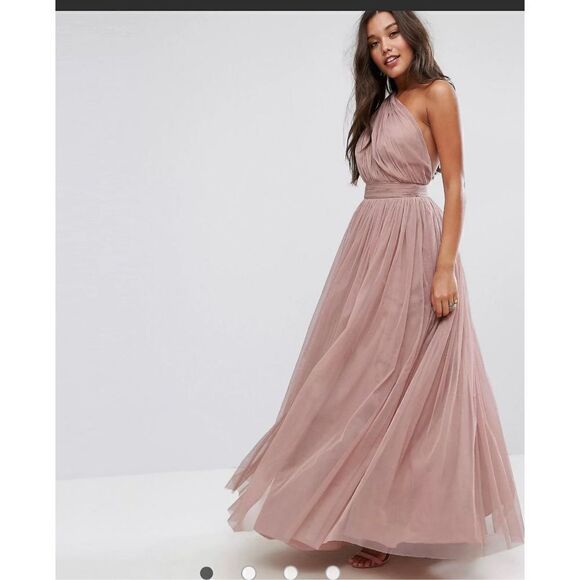 ASOS PREMIUM Tulle One Shoulder Maxi Dress In Mink 10 - Picture 2 of 8